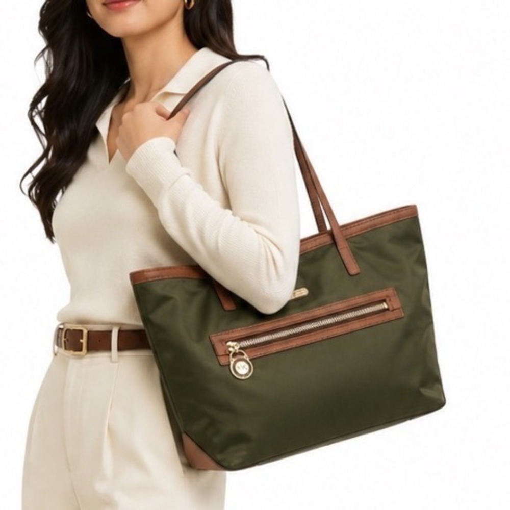 Michael Kors Olive‎ Green Nylon Tote Bag Tan Leather Trim Gold Hardware 91-49